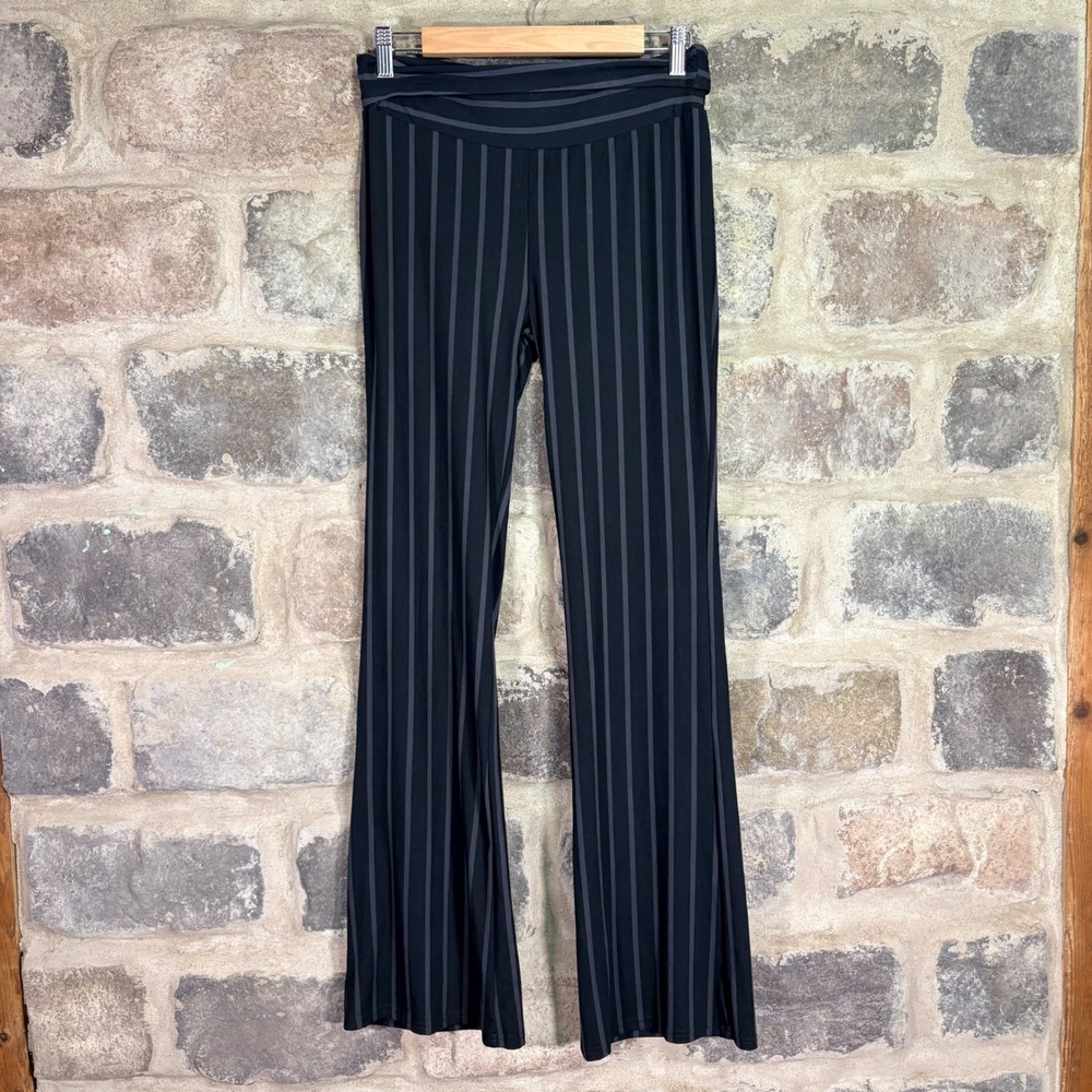 Shosho Womens Black Grey Pinstripe Flare Leg High Rise Stretch Pants Large